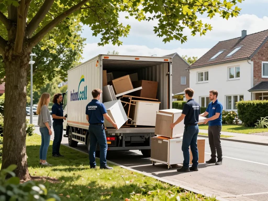 Zuverlässige Entrümpelungsdienste in Münster, die professionelle Teammitglieder zeigen, die Gegenstände in einen Container laden.