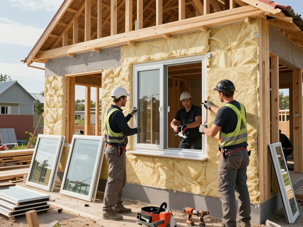 Arbeiter installieren fachgerecht Fensterbau-Fenster in einem energieeffizienten Haus.