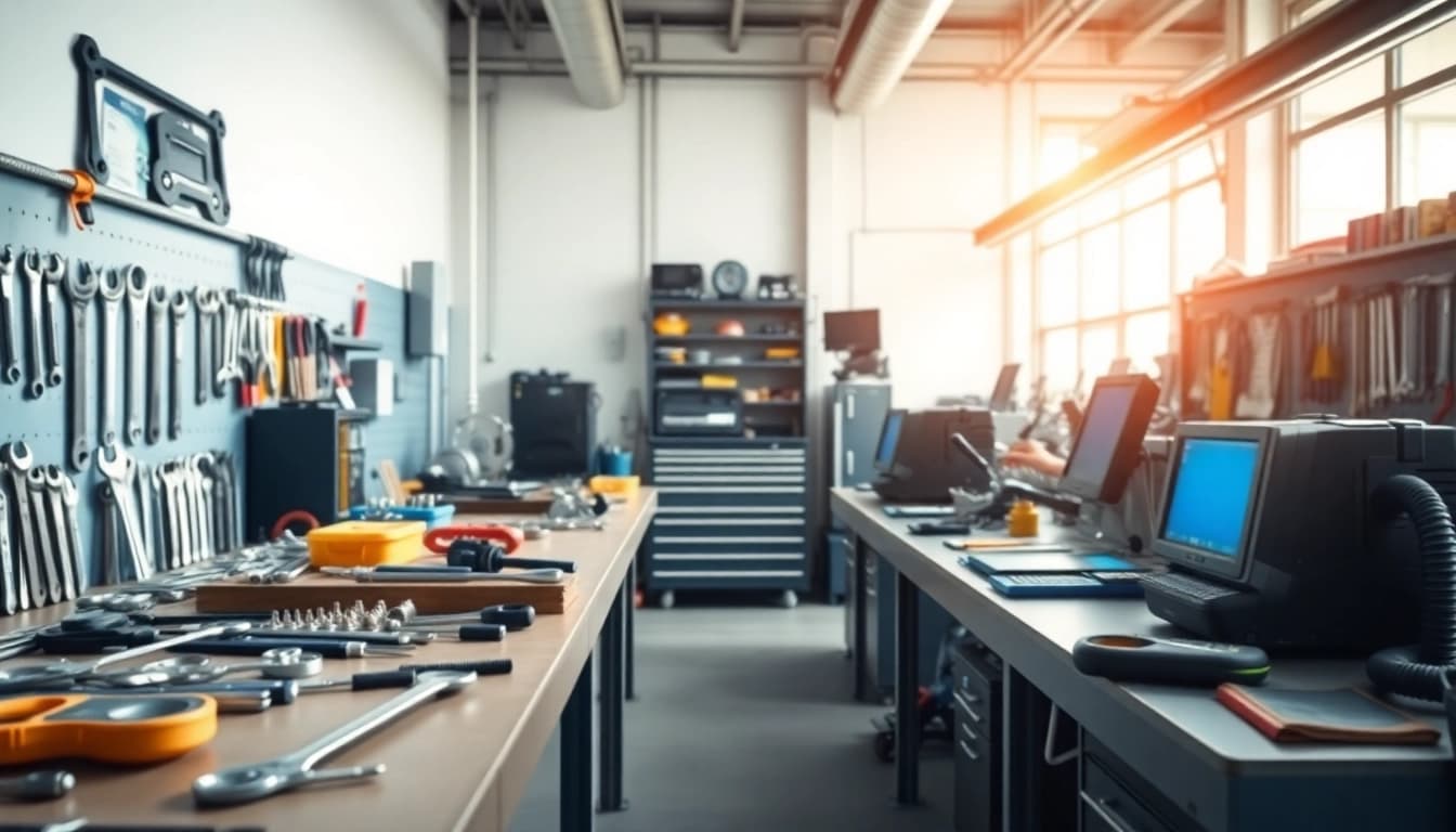 Kfz werkzeug in an organized workshop, showcasing essential tools for automotive repairs.
