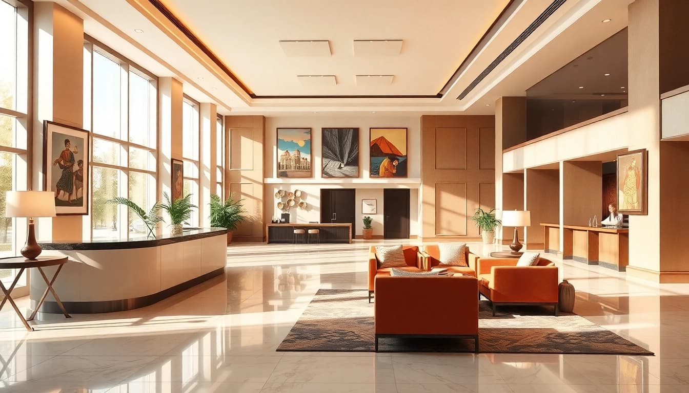Hotel Athen bietet einen eleganten Empfangsbereich mit warmem Licht und einladender Atmosphäre.