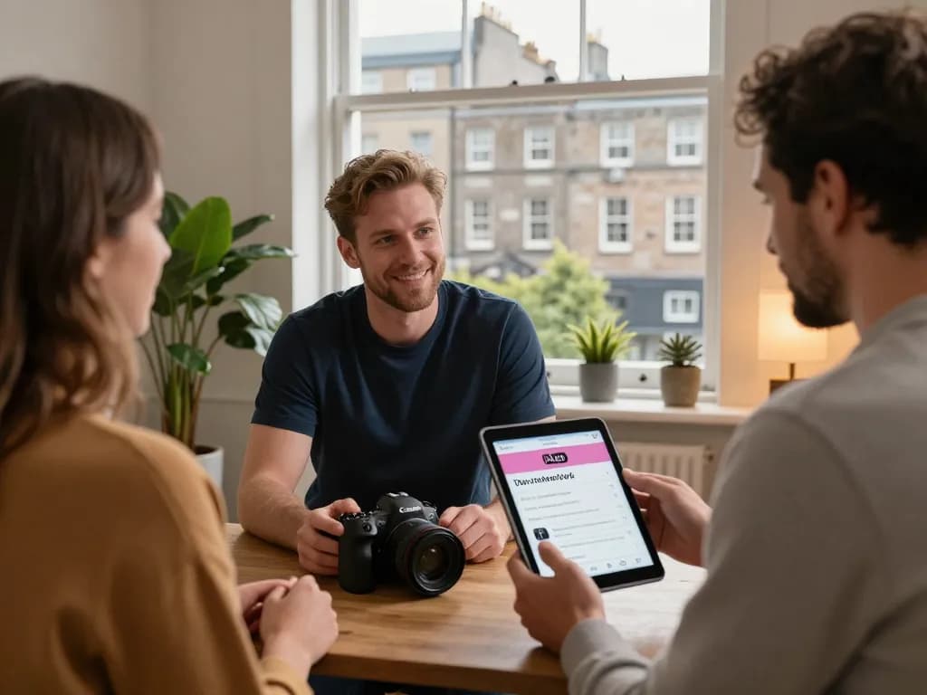Engaging scene of airbnb management dublin, with a property manager consulting a homeowner in a cozy Dublin apartment.
