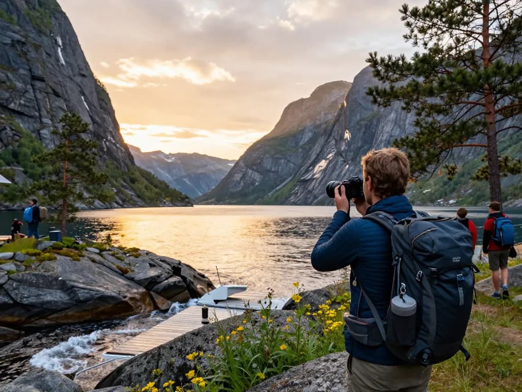 Erleben Sie atemberaubende Ausblicke, während Sie Urlaub in Skandinavien an Norwegens beeindruckenden Fjorden bei Sonnenuntergang genießen.