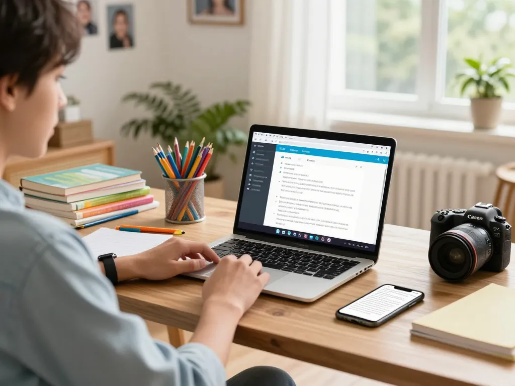 Student, der eine Hausaufgaben Scanner-App auf einem Laptop in einem gemütlichen Arbeitszimmer verwendet.