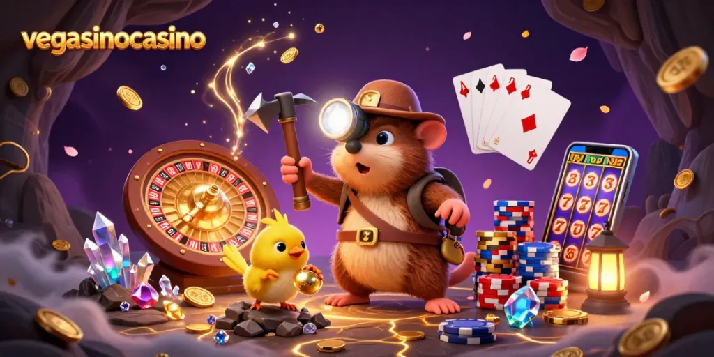 Engage with vegasinocasino through an exciting treasure hunting adventure highlighting gems, coins, and gaming elements.