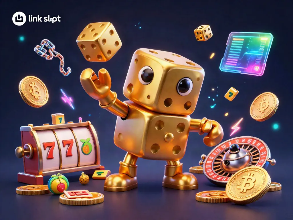 Experience thrilling gameplay at link slot with dynamic golden dice and slot symbols in 3D.