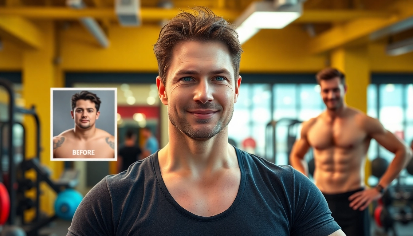 Transformation mit testo vorher nachher, Fitnesscoach motiviert im Fitnessstudio.