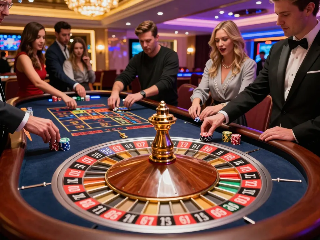 SIN88 roulette table with players placing bets and croupier spinning the wheel, showcasing excitement and luxury