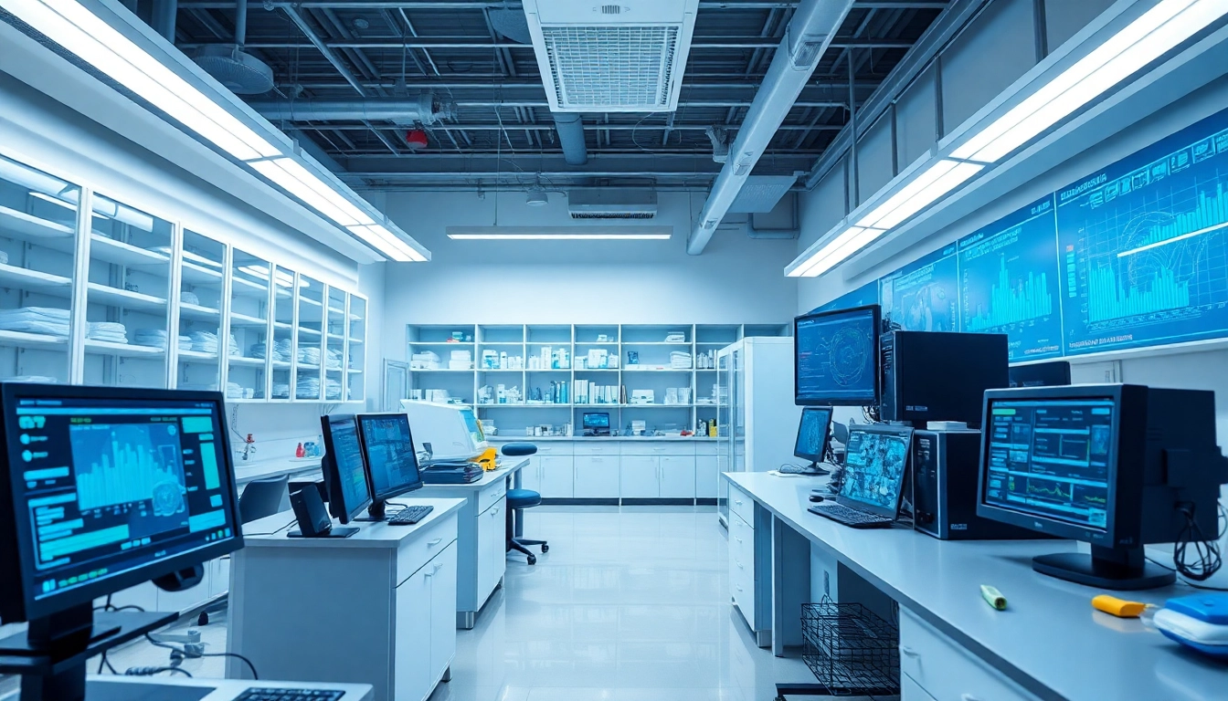 Digitale Loesungen in einem modernen Labor mit innovativer Technologie und interaktiven Displays.