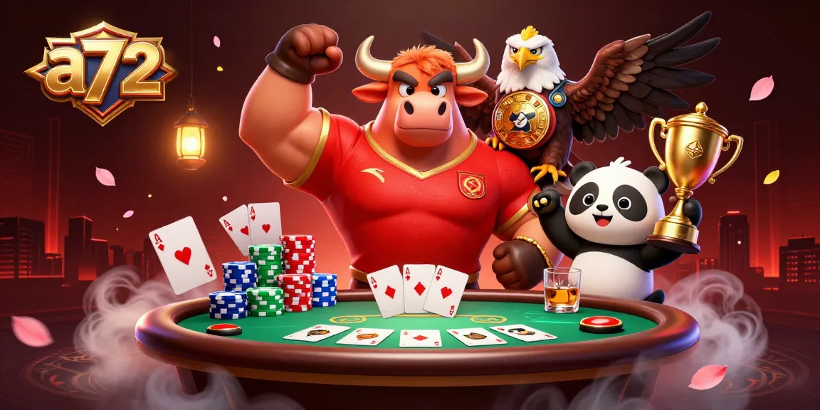 a72 showcases a vibrant 3D illustration of a bull mascot celebrating with poker elements in action.