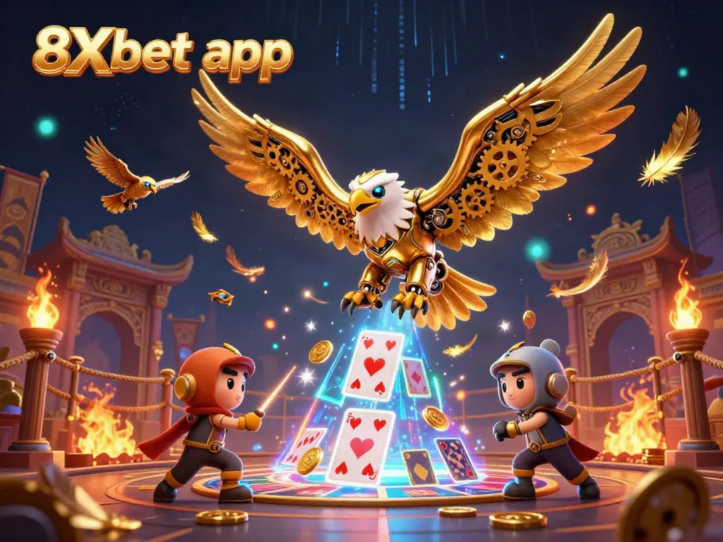 Experience thrilling action with the 8Xbet app featuring a cybernetic eagle amidst vibrant casino elements.