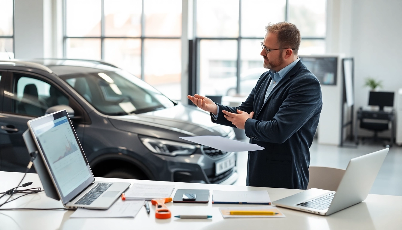 Kfz Gutachten Düsseldorf: Professioneller Kfz Gutachter bei der Bewertung eines Fahrzeugs in einem modernen Büro.