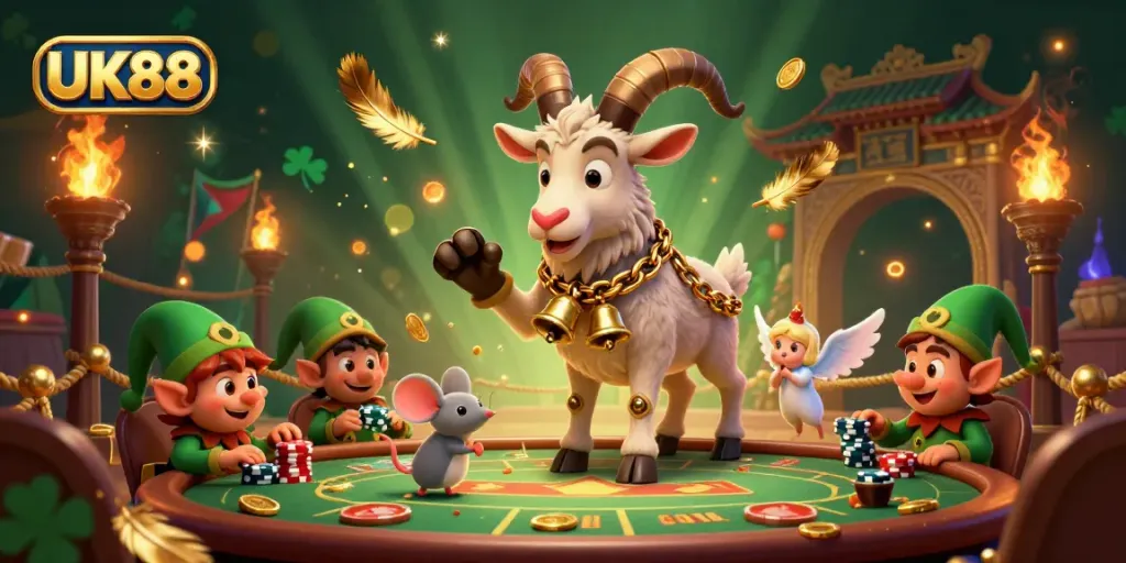 Experience the fun at UK88 casino with an animated scene of Krampus and festive characters in action.