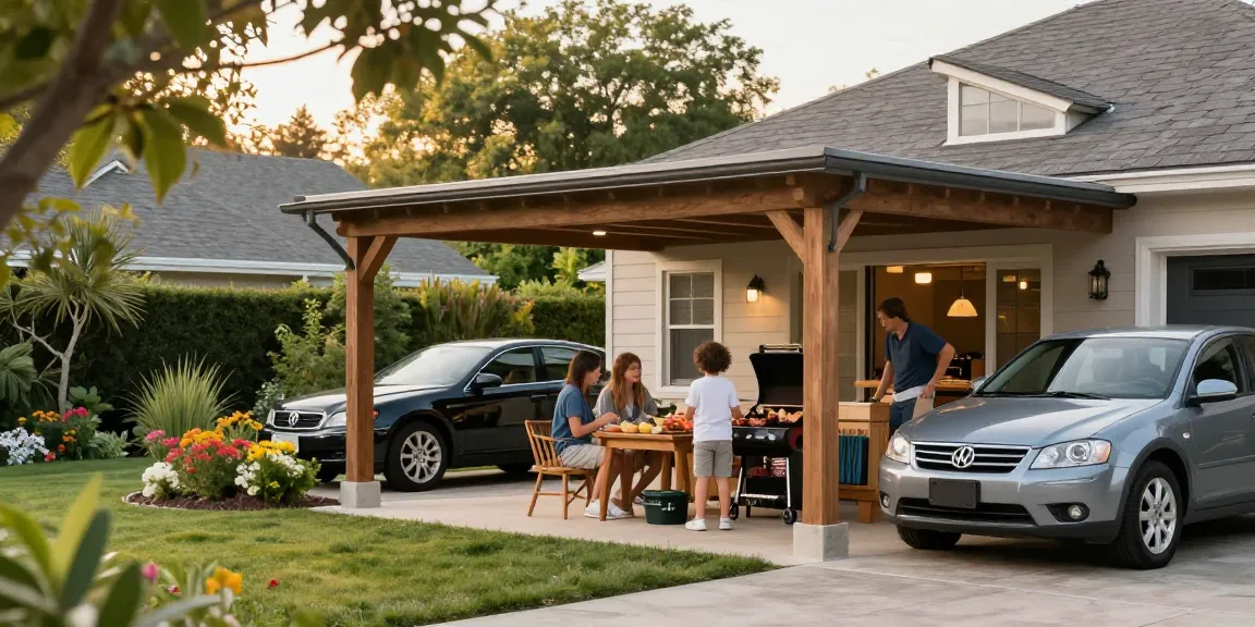 Moderne Carport-Außenansicht mit Familie, die im Garten grillt.