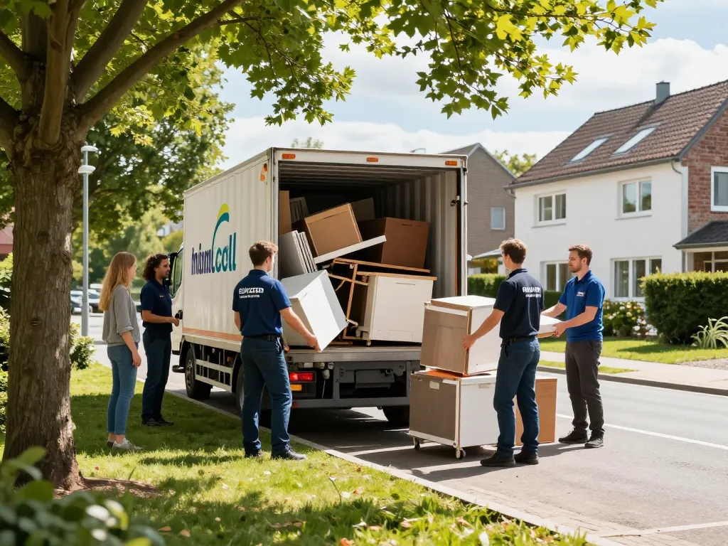 Zuverlässige Entrümpelungsdienste in Münster, die professionelle Teammitglieder zeigen, die Gegenstände in einen Container laden.