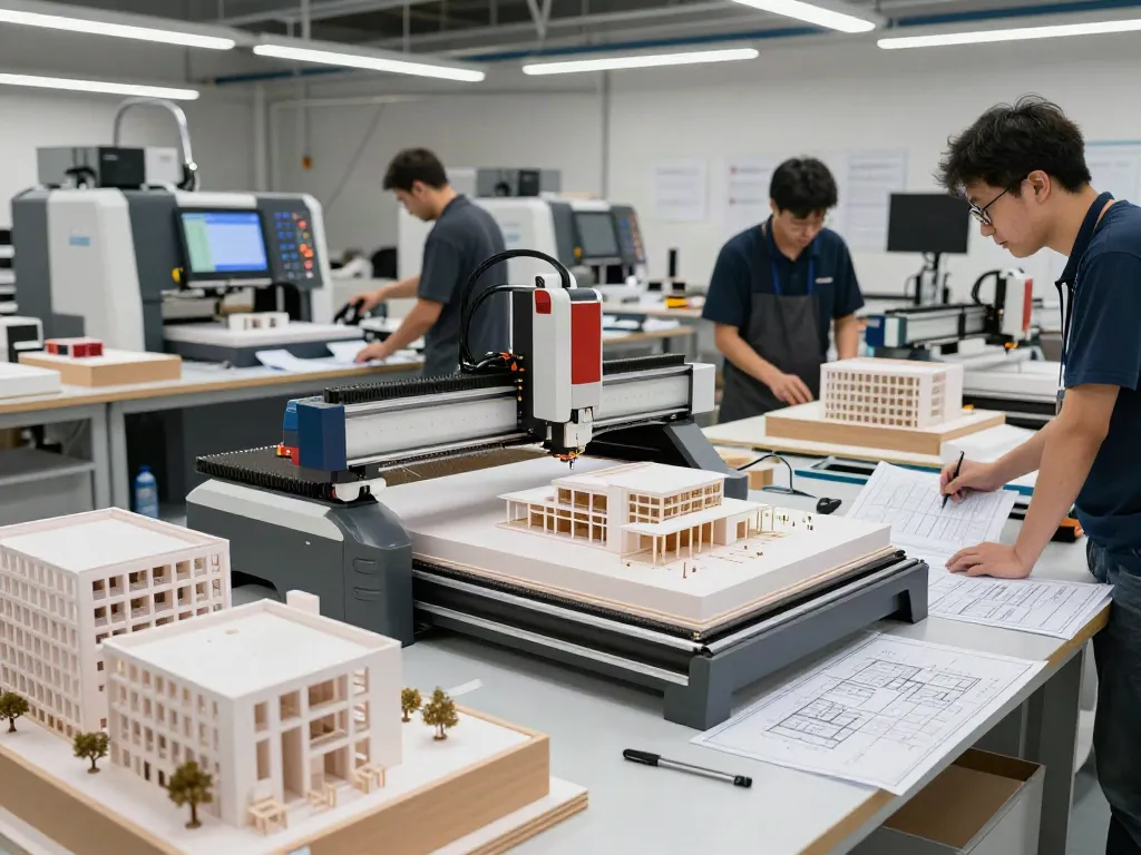 Präzise CNC Fräsen Architekturmodell im professionellen Modellbau-Werkstatt