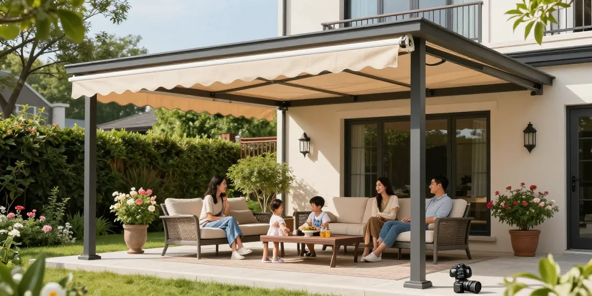 Terrassenüberdachung freistehend im Garten mit Familie und eleganter Möbelanordnung.