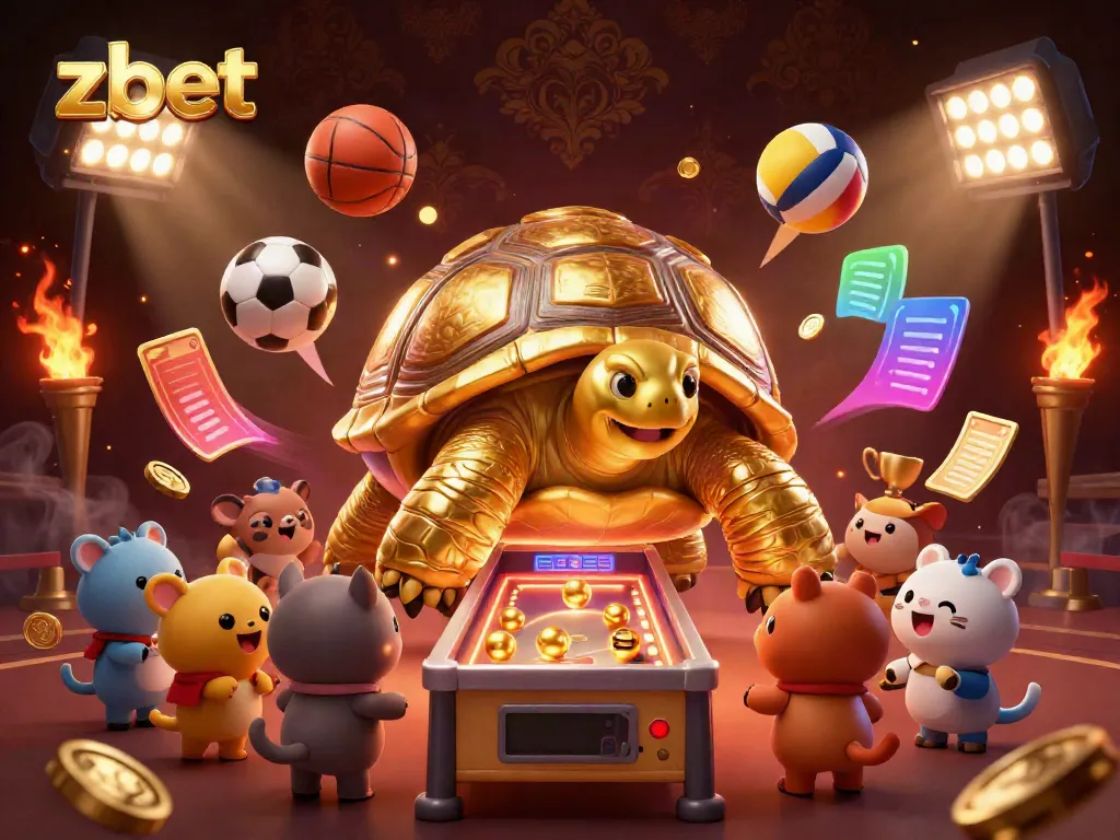 Zbet sports betting illustration with a golden tortoise pinball machine, sports balls, and a dynamic casino atmosphere.