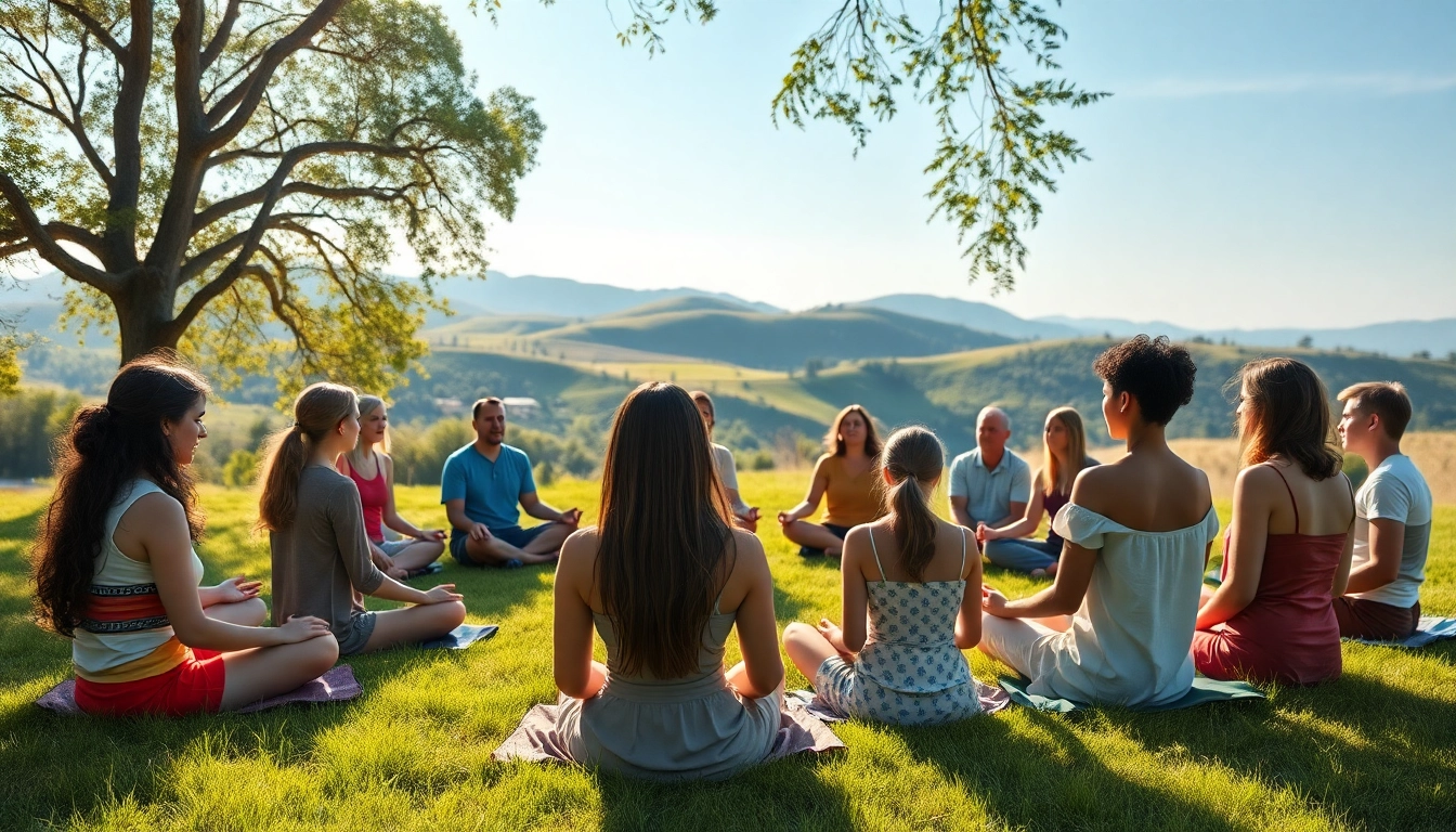 Spirituelle Seminare bei einer Meditation im Freien, die eine harmonische Atmosphäre schafft.