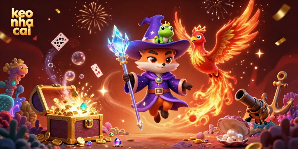 Experience thrilling keo nha cai action with a mystical wizard, phoenix, and treasures in 3D illustration.