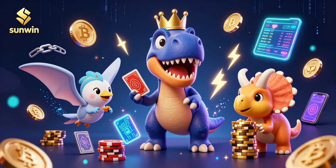 Experience thrilling gameplay with sunwin as a T-Rex, pterodactyl, and triceratops engage in a vibrant casino setting.