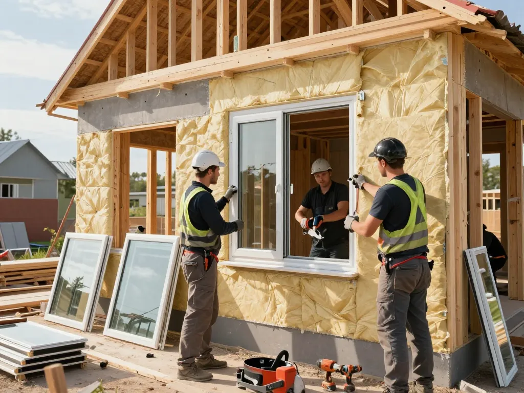 Arbeiter installieren fachgerecht Fensterbau-Fenster in einem energieeffizienten Haus.