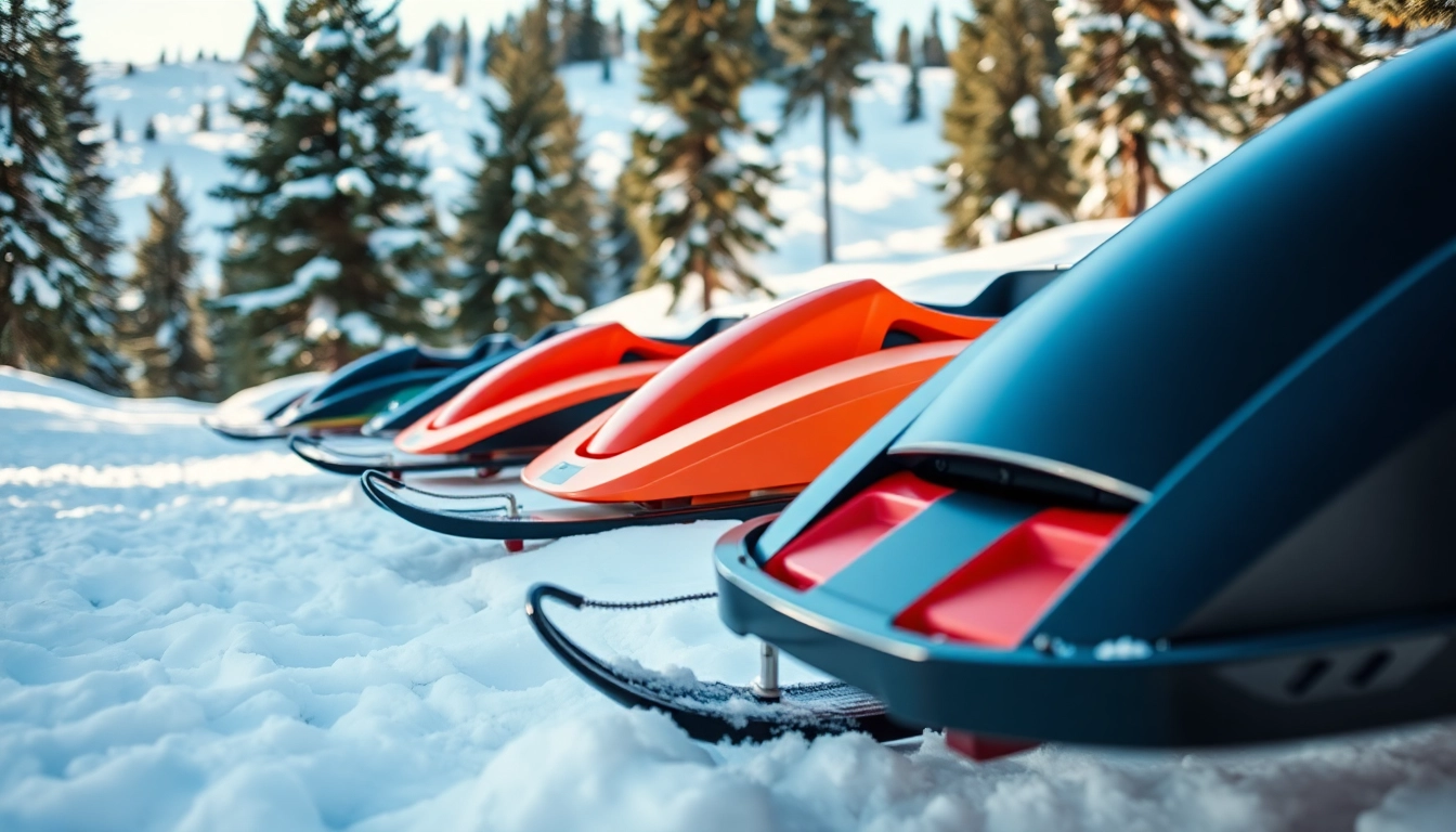 Auto Kufen auf einer schneebedeckten Landschaft präsentieren einzigartige Designs und Farben.