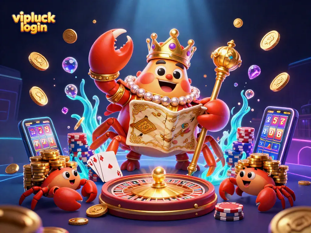 Spin and win at vipluck login with a vibrant 3D illustration of a golden crab emperor amidst casino treasures.