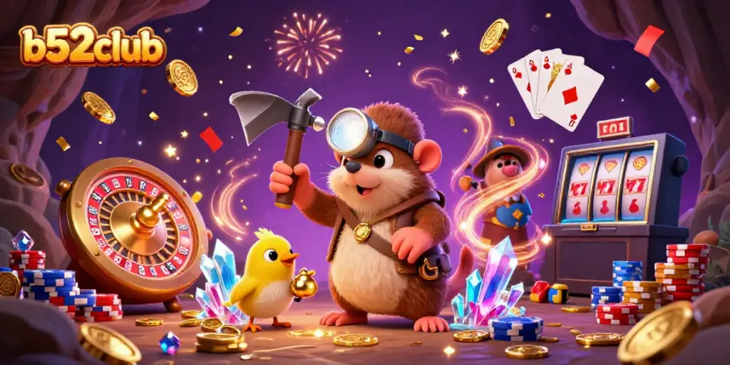 Experience the excitement of b52club with vibrant gaming scenes, thrilling treasures, and dynamic casino elements.