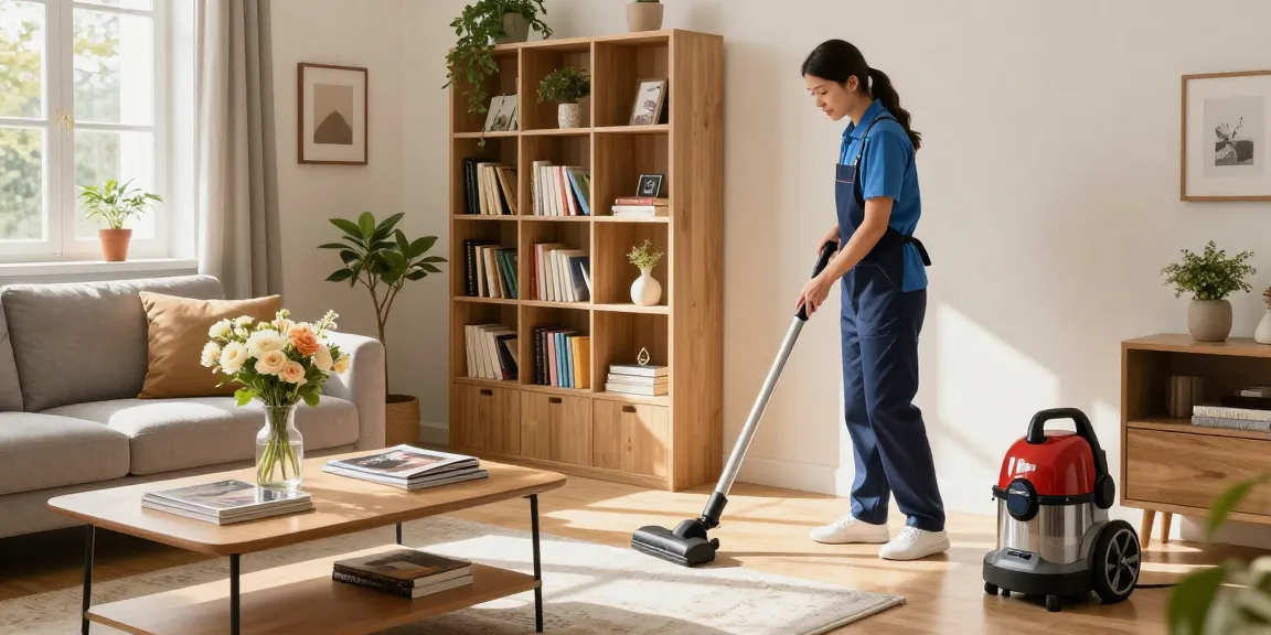 Expert cleaner performing wohnungsendreinigung bern in a sunlit living room, showcasing cleanliness and warmth.