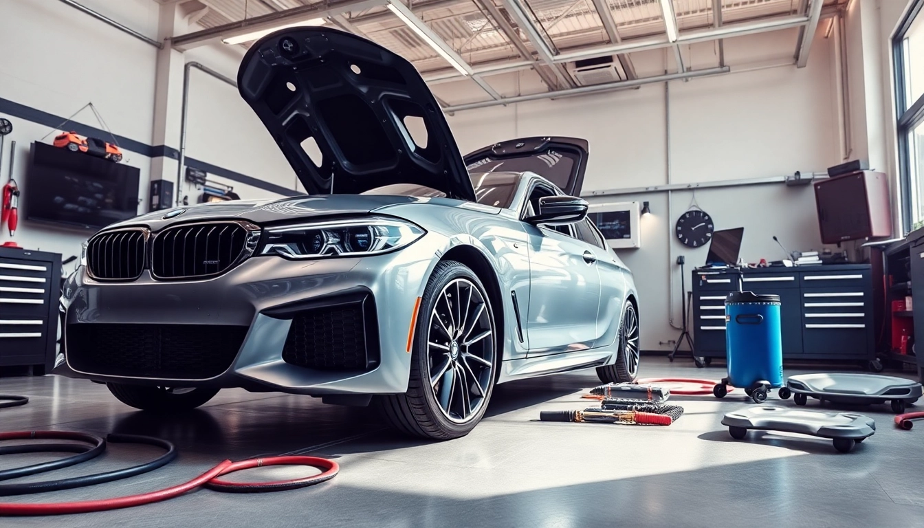 BMW Nachrüstung – Hochwertige Fahrzeugmodifikationen in einem modernen Garagenumfeld.