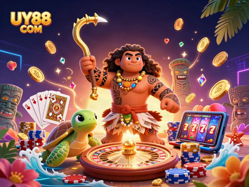 Win big at UY88 COM with vibrant, engaging gameplay illustrated in a rich casino scene featuring dynamic characters and thrilling elements.