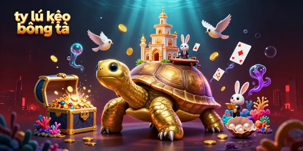 Highlighting tỷ lệ kèo bóng đá, this vibrant scene showcases a golden tortoise casino with a rabbit dealer, surrounded by treasures and colors.