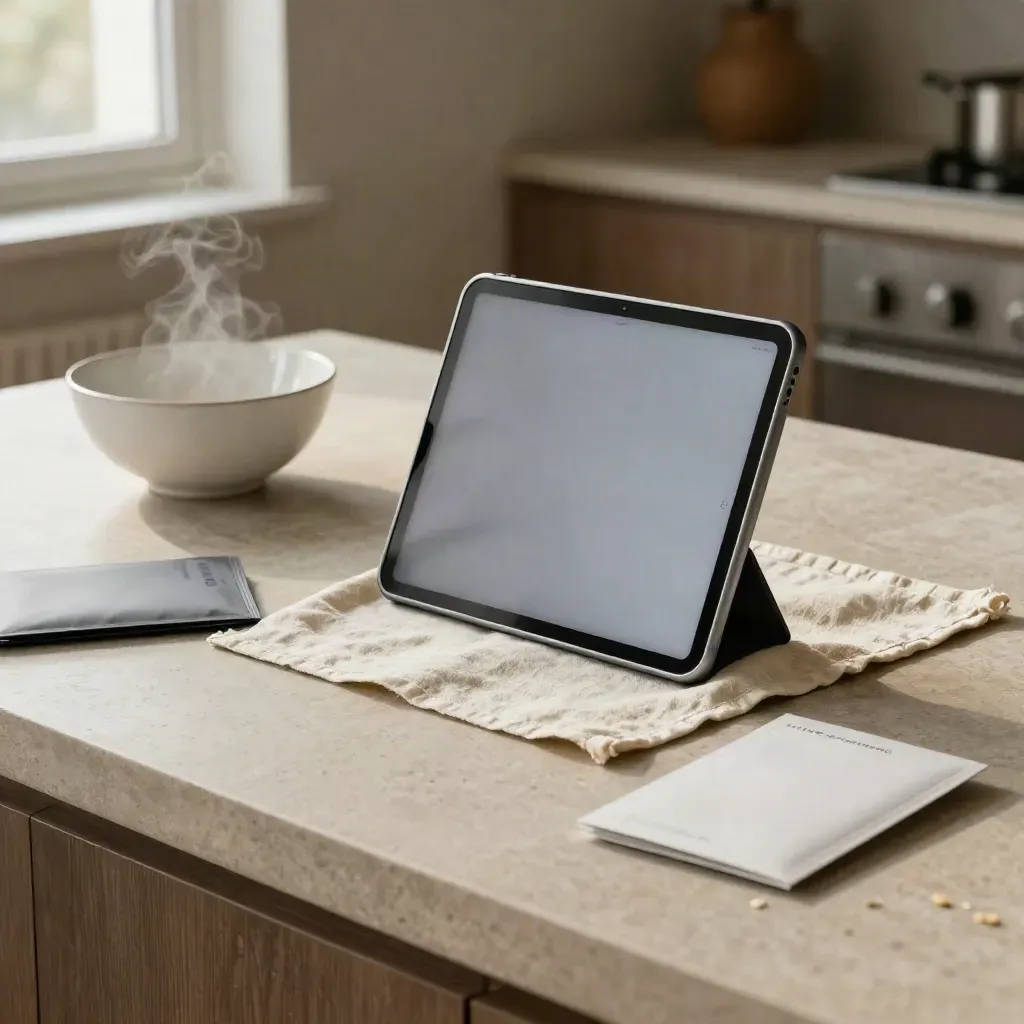 Tablet im Leinentuch mit Samplepacks und Keramikschale im warmen Licht.