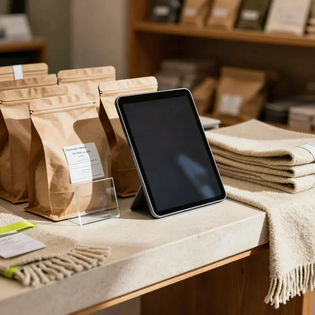 Tablet neben Paketen und Preismarkern in festlicher Retail-Atmosphäre