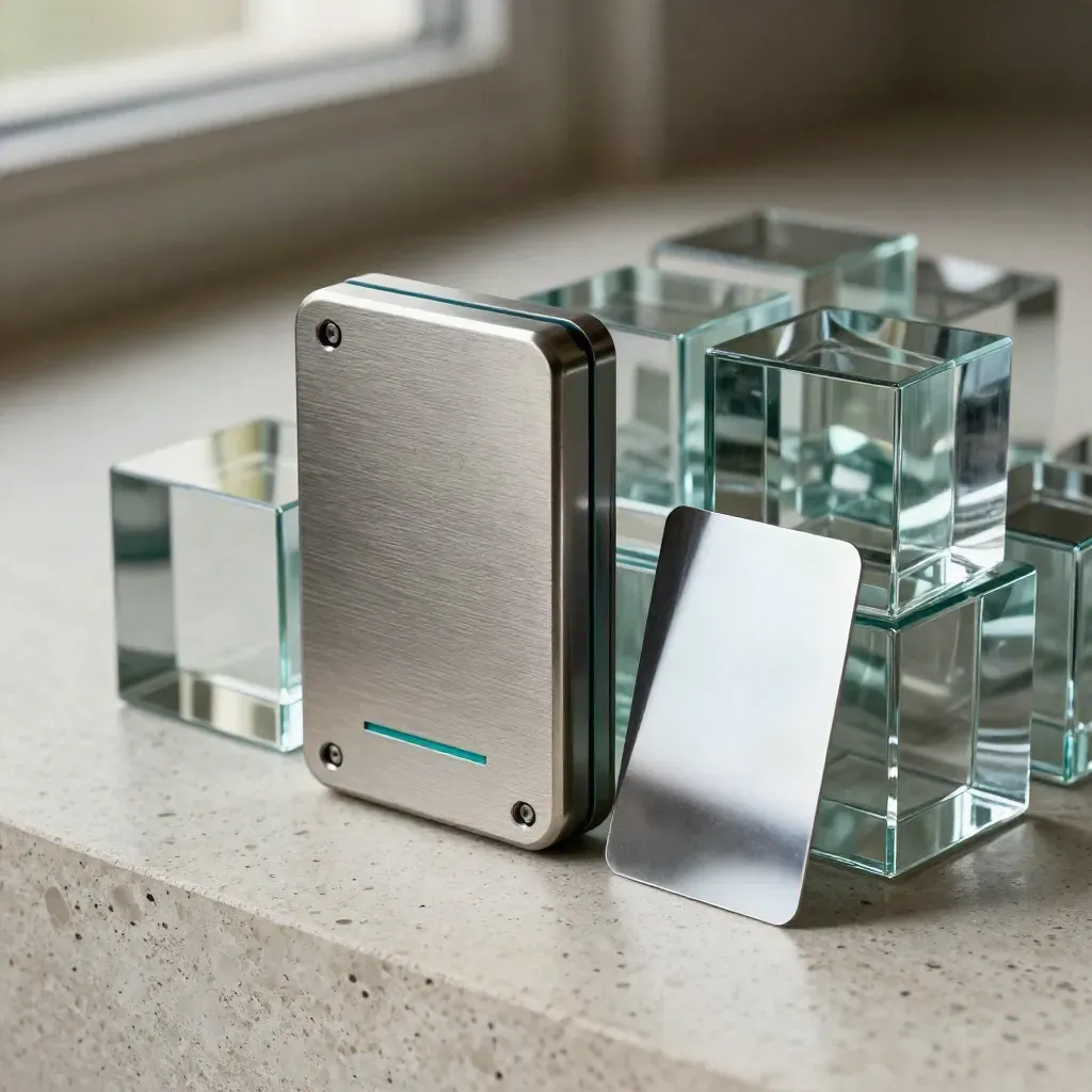 Brushed Metallmodul mit Glaskuben auf hellem Beton, nahe und edel inszeniert.