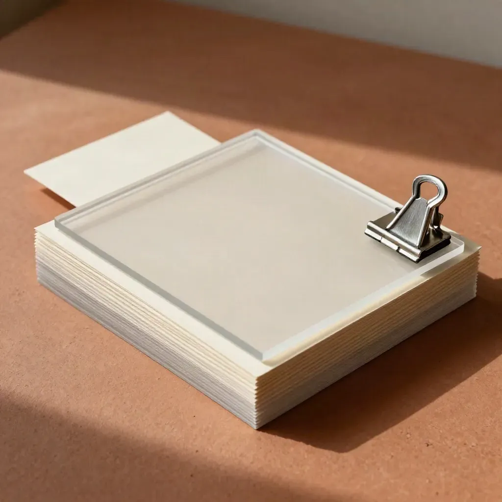 Overhead-Flatlay eines Export-Pakets mit Acrylblättern, Papierhüllen und Metallclip auf Terrakotta.