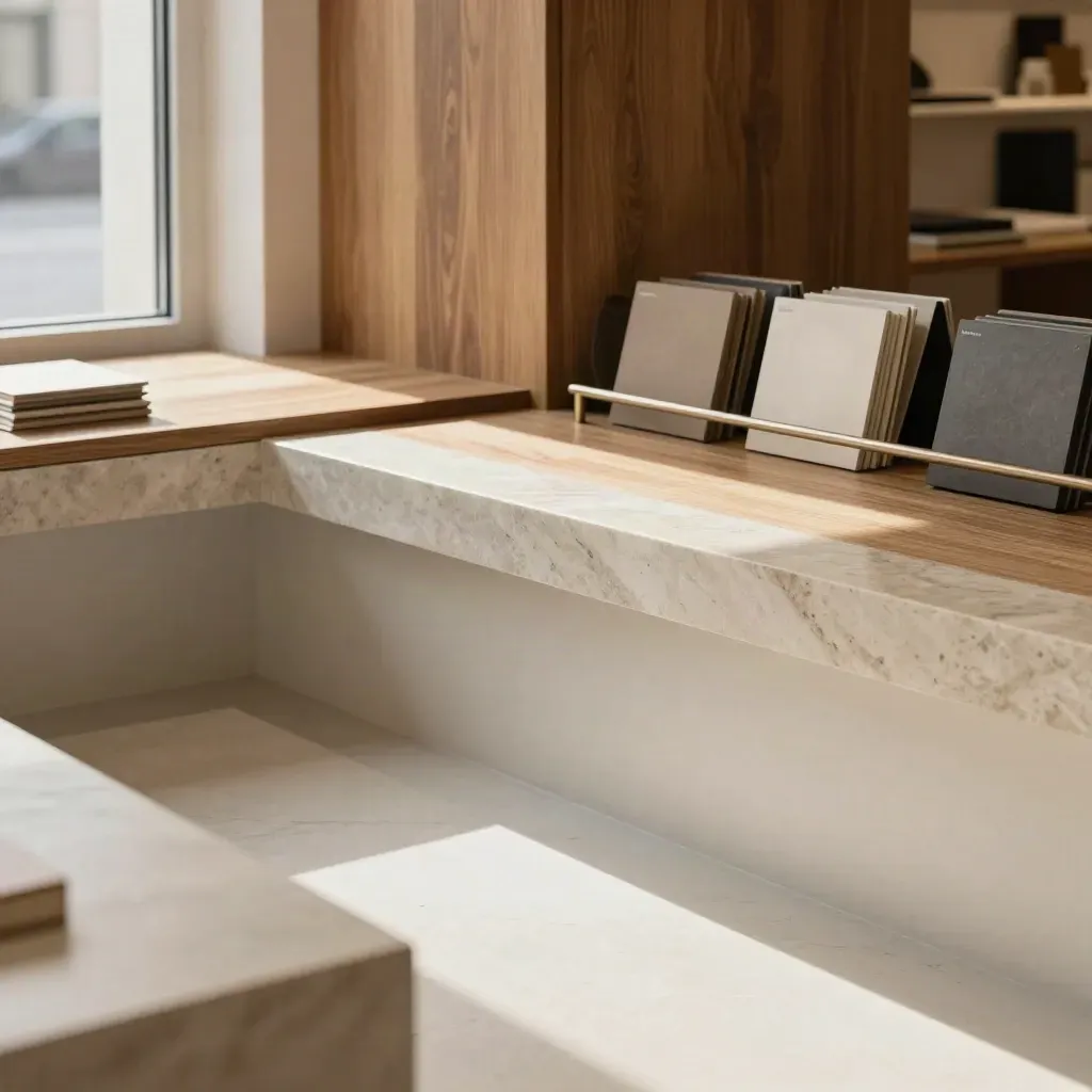 Helle Showroom-Ecke aus Eiche und Marmor mit ruhiger Fläche und Morgenlicht