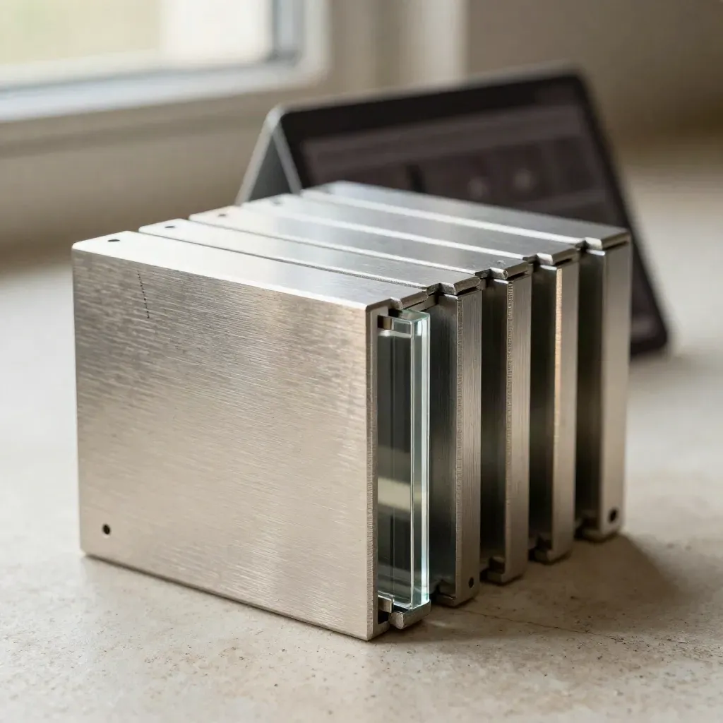 Makro eines modularen API-Stacks aus Aluminiumblöcken und transparentem Steg.