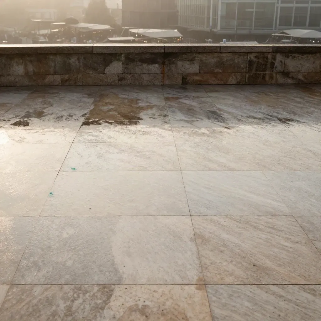 Regenfeuchte Travertinterrasse mit unscharfer Stadtkante, Lichtreflexen und feinem Dunst
