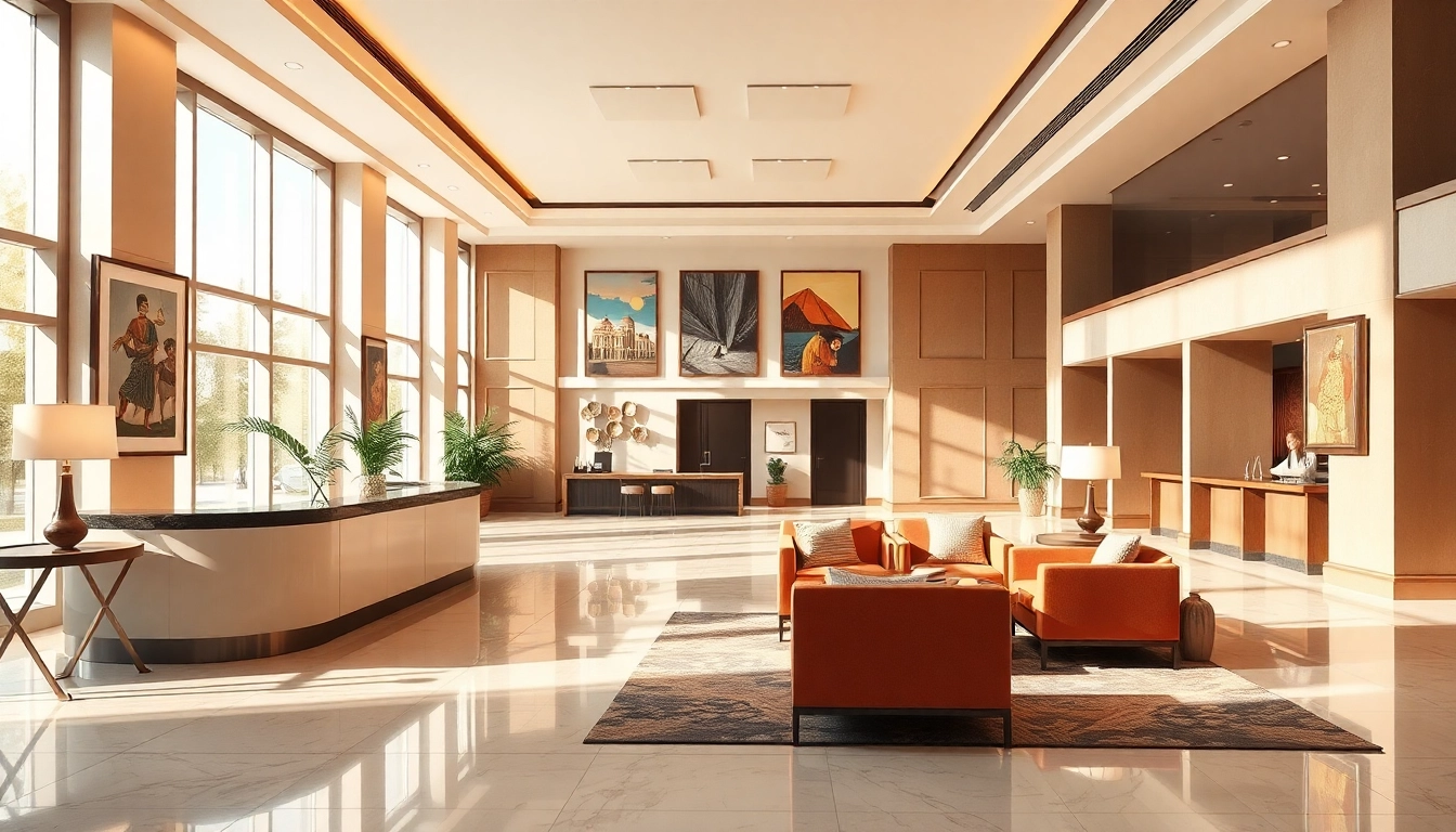 Hotel Athen bietet einen eleganten Empfangsbereich mit warmem Licht und einladender Atmosphäre.
