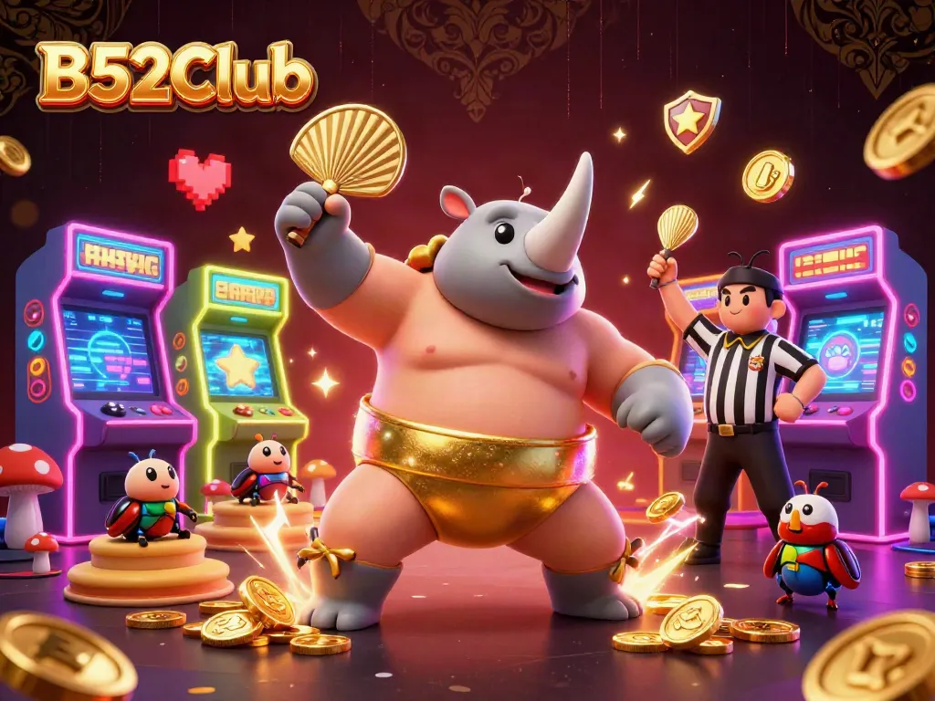 B52Club's vibrant gaming scene showcases a rhinoceros beetle sumo champion amid flying coins and arcade machines.