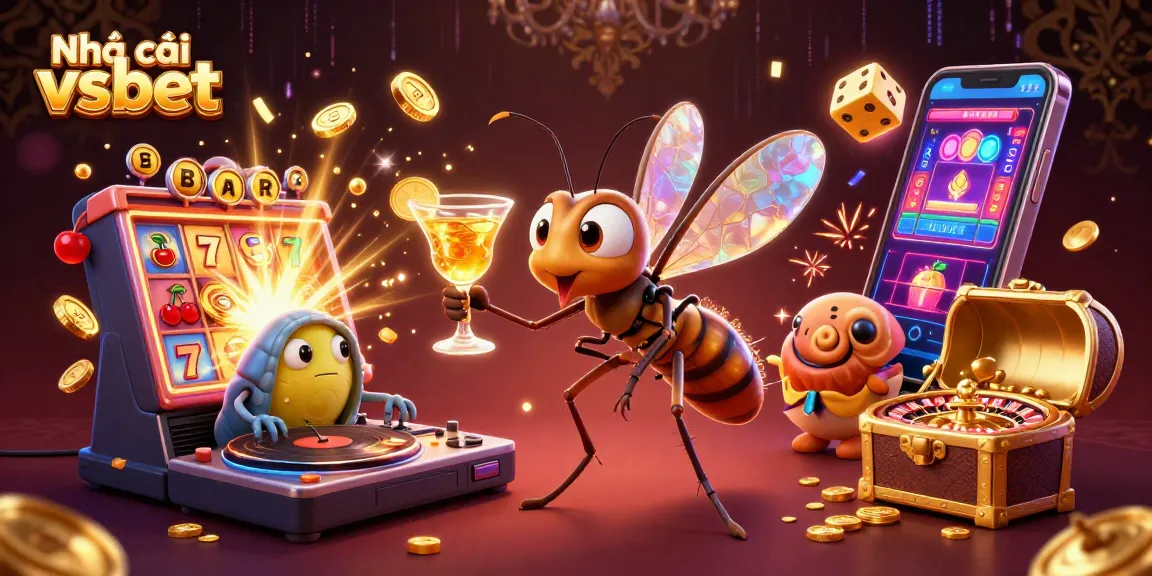 Experience excitement with Nhà cái vsbet as a cartoon mosquito mascot and vibrant game elements throughout a thrilling casino scene.