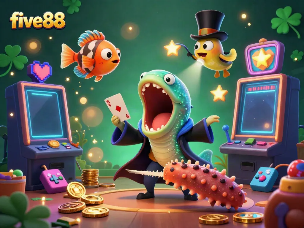 Engaging five88 promotional illustration showcasing vibrant casino characters and slot games in a dynamic magical scene.