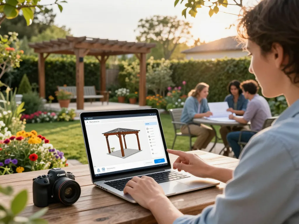 Dynamische Gartenszene, die den Pergola-Konfigurator in Aktion zeigt, mit einem 3D-Design auf einem Gerät.