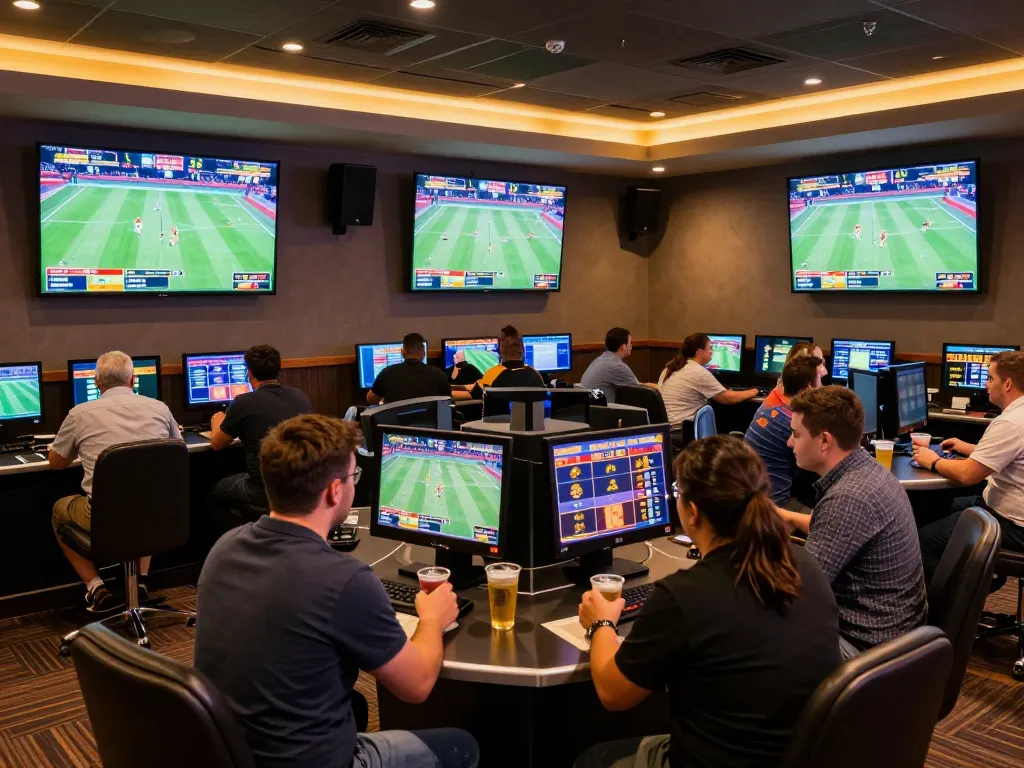 FC88 bettors analyzing odds and placing wagers in an energetic sportsbook environment