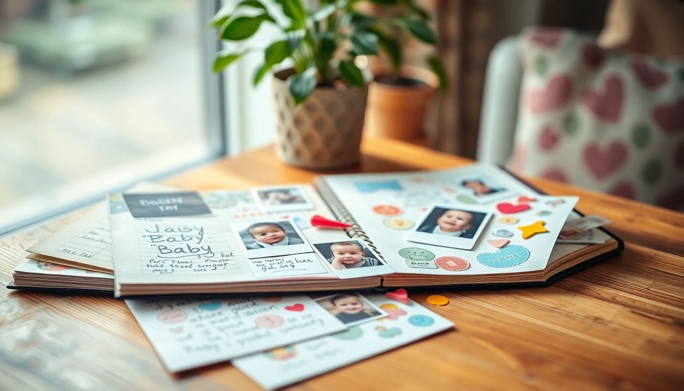 Das Baby-Tagebuch mit bunten Notizen und Fotos auf einem gemütlichen Tisch darstellt.