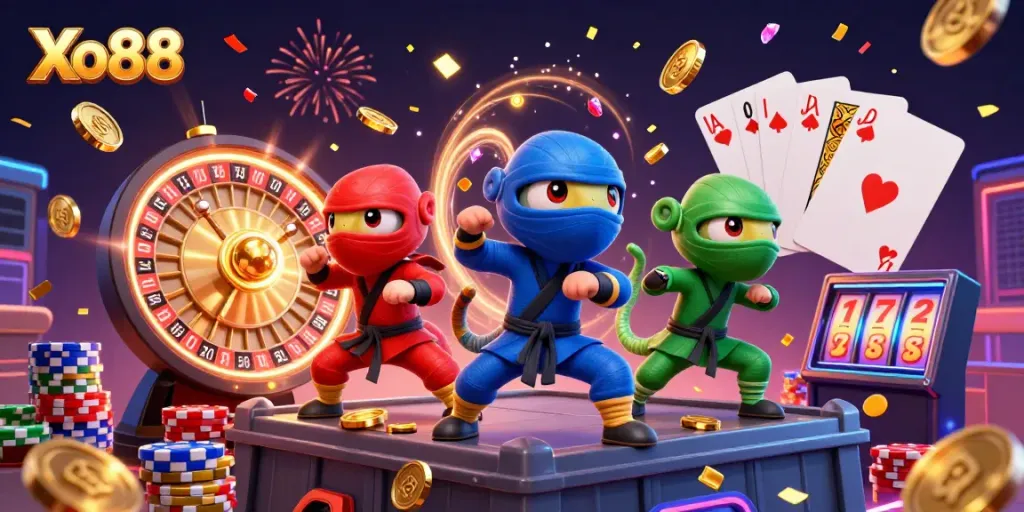 Xo88 chameleons perform martial arts amidst casino ambiance filled with coins and cards.