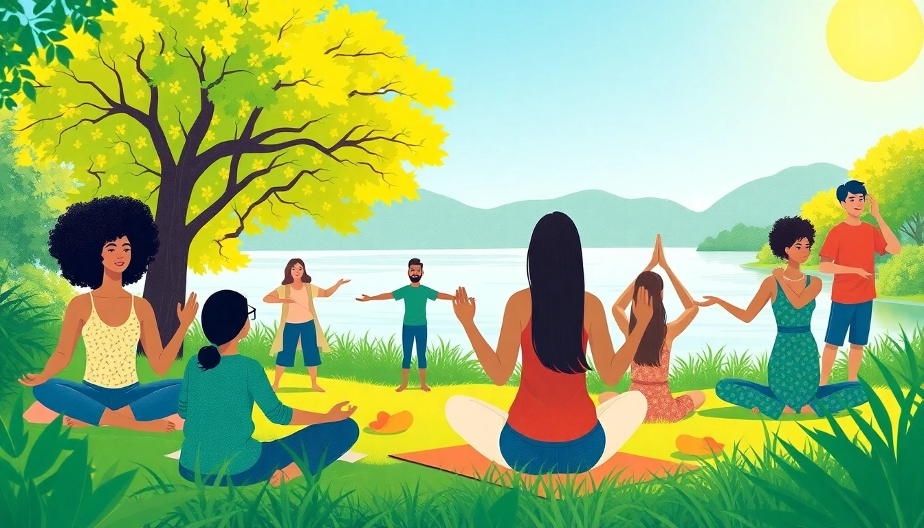 Promoting mental health awareness with individuals engaging in mindfulness activities outdoors.