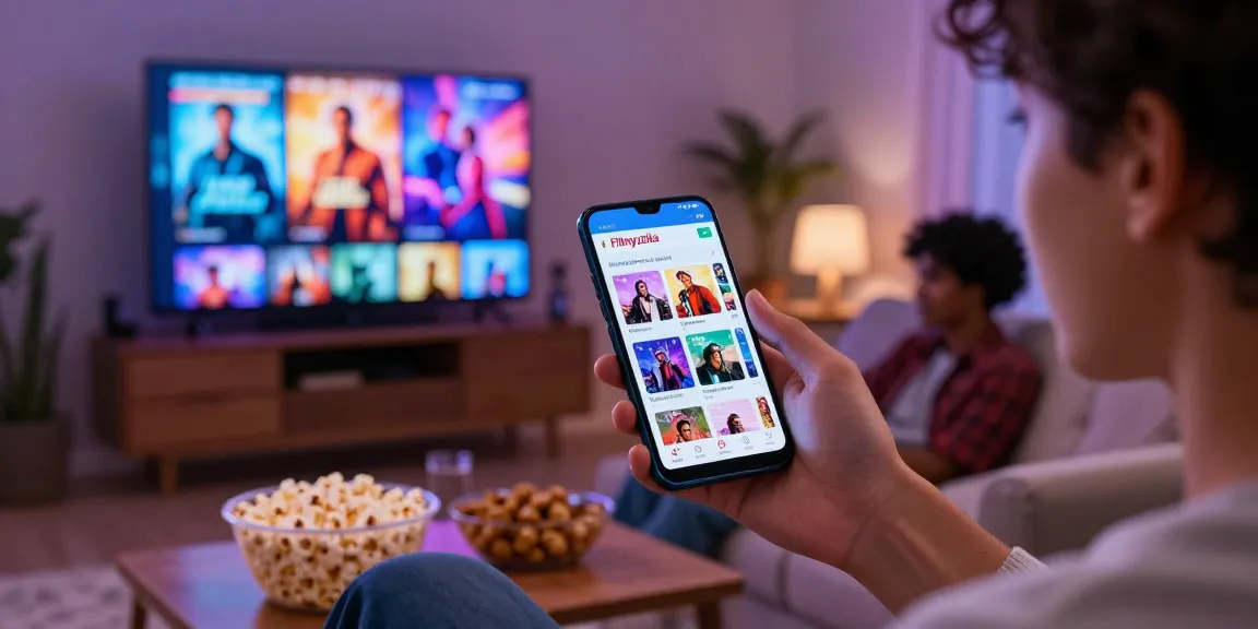 Filmyzilla app in use on smartphone for streaming movies with friends, cozy movie night atmosphere.