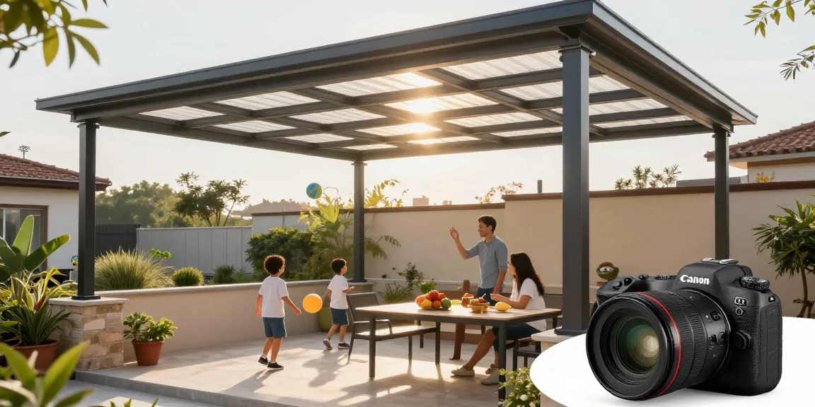 Familie entspannt unter Aluminium-Terrassenüberdachungen, sonnige Atmosphäre mit Pflanzen und Snacks.